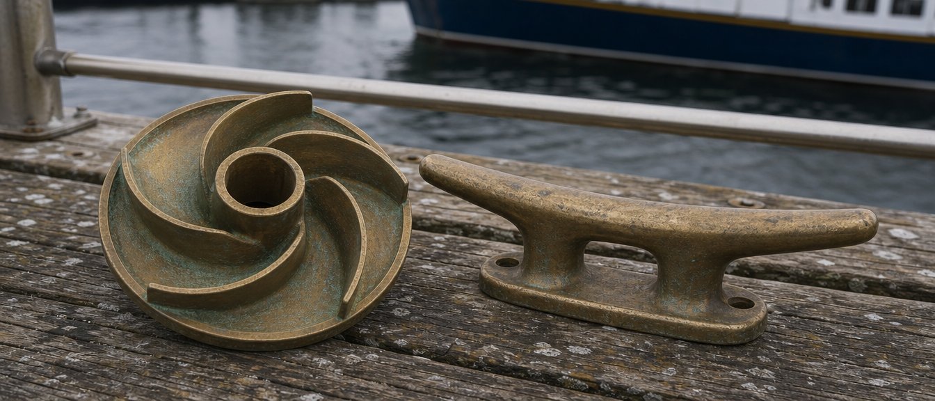 A cast bronze pump impeller and dock cleat on a weathered wharf, harbor water and a hull behind