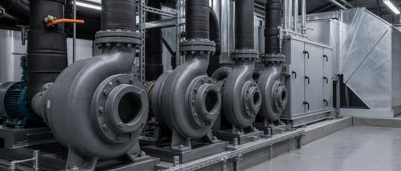 A row of cast iron pump volutes bolted into a chilled-water loop in a mechanical room, an air handler and galvanized duct behind