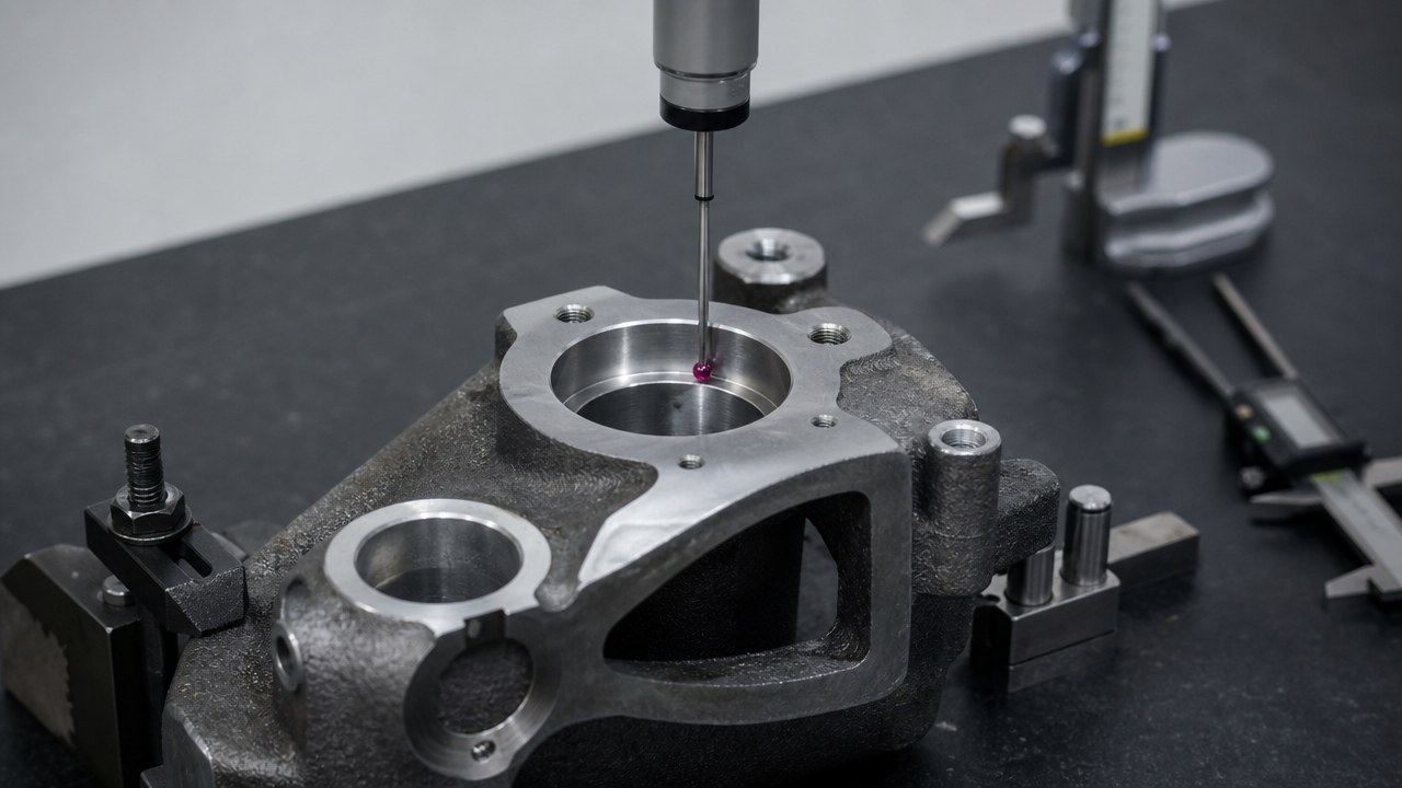 A CMM probe touching a machined bore on a gray iron casting on a granite plate