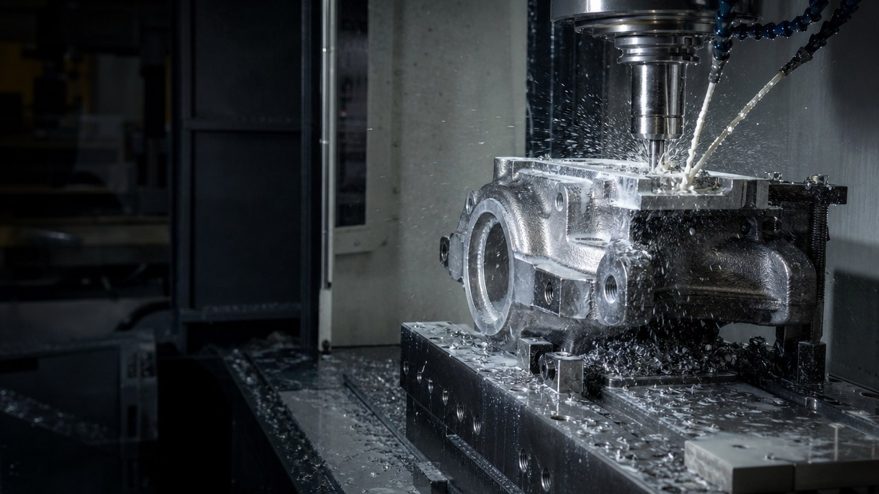 An end mill machining a face on a gray iron casting, coolant and chips flying