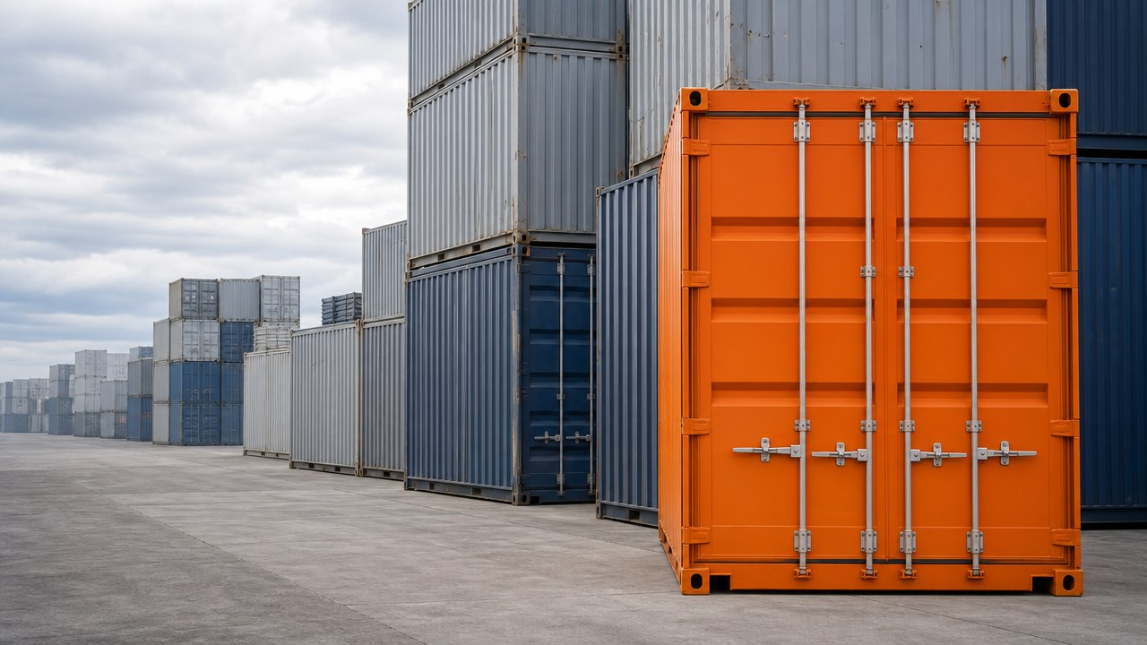 An orange shipping container standing among ranked gray and blue containers in a yard