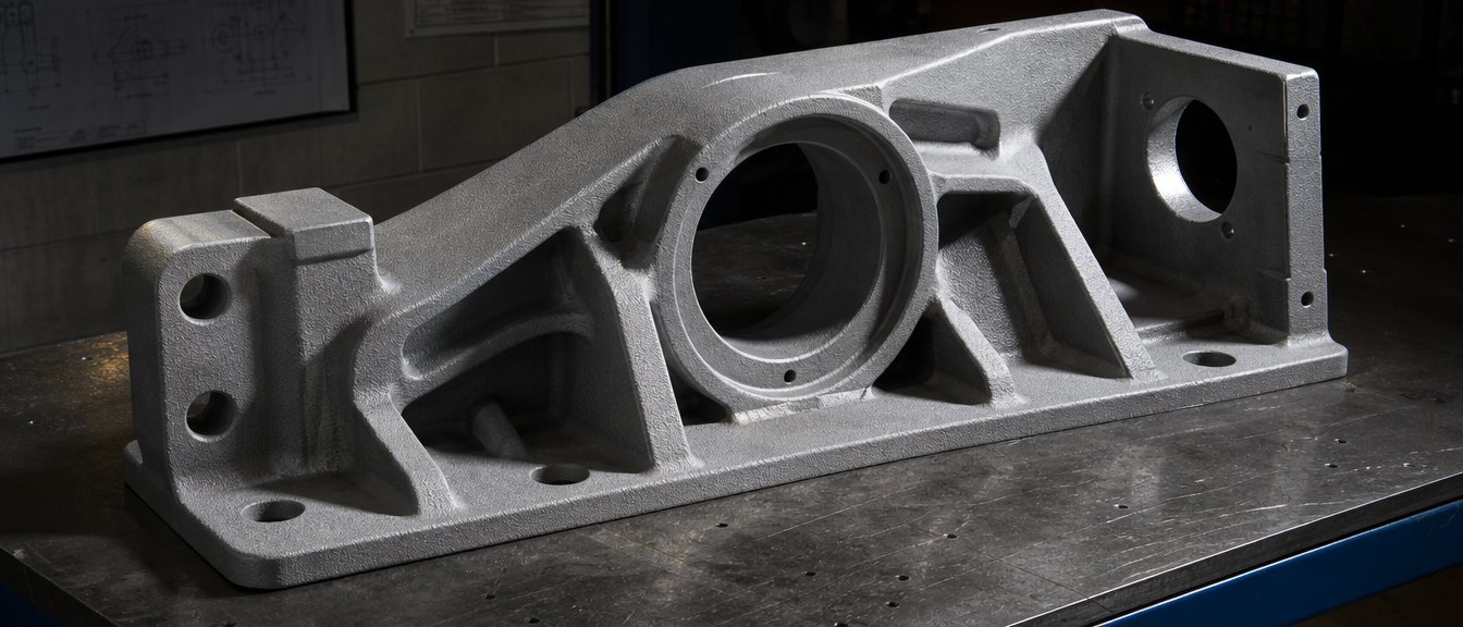 A large one-piece ductile iron bracket casting, shot-blasted gray, on a steel inspection bench
