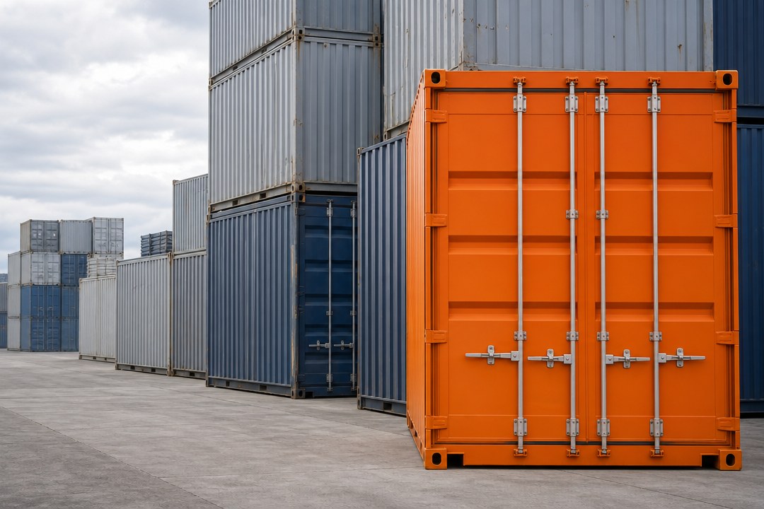 An orange shipping container standing among ranked gray and blue containers in a yard