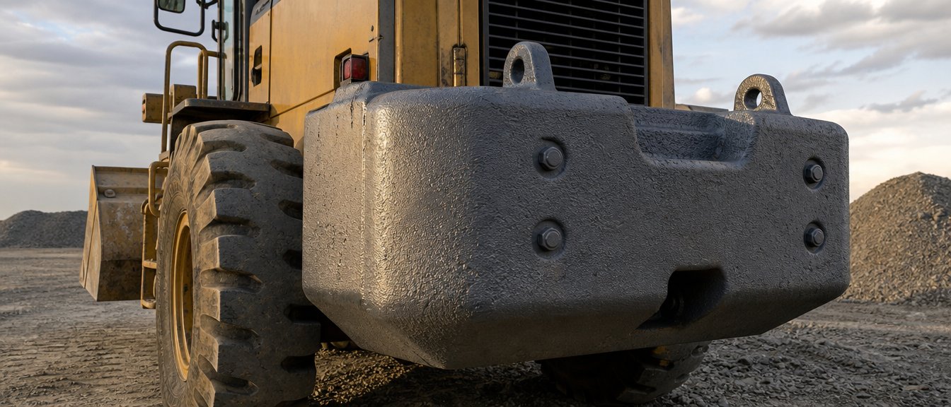 A multi-ton gray iron counterweight casting bolted to the rear of a wheel loader in a gravel yard