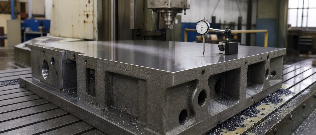 A gray iron machine base casting on a bridge mill, its top face machined flat, a dial indicator resting on the surface