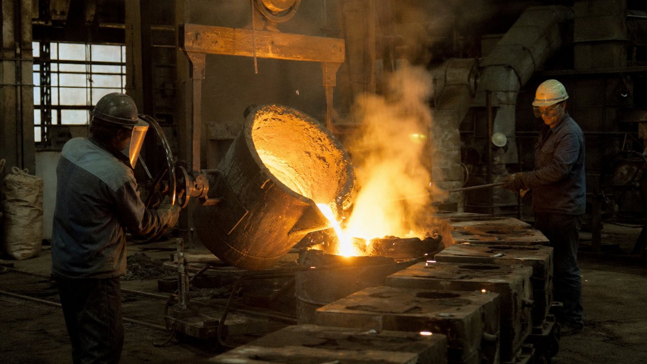 Two foundrymen pouring molten iron from a tilting ladle into a row of sand molds