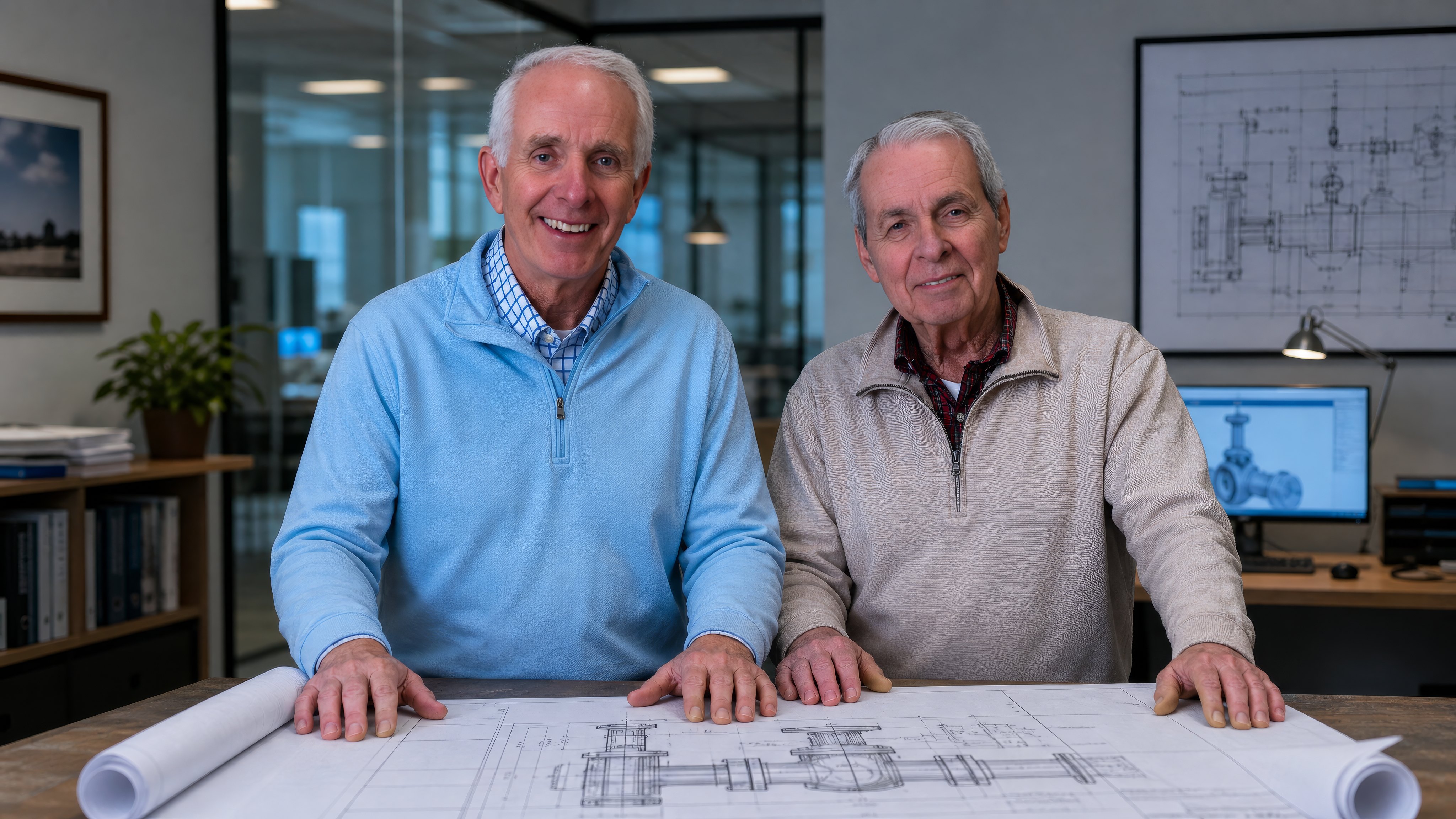 Jim and Dick Bruso of GW Foundry standing over casting drawings in the Millbury office