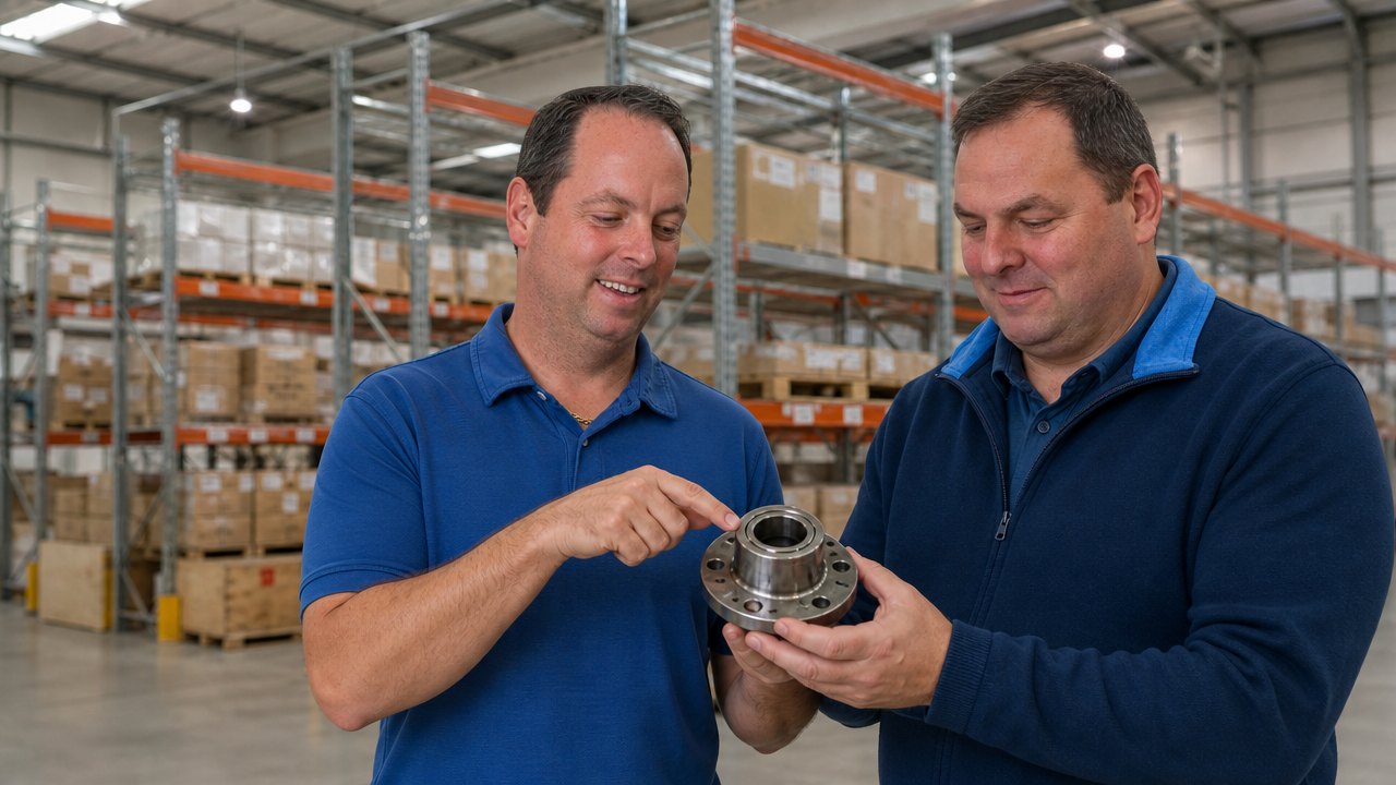 Two GW Foundry team members inspecting a machined hub casting in the Millbury warehouse