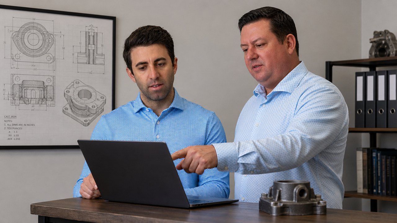 Two members of the GW Foundry team reviewing a casting drawing on a laptop, a gray iron housing on the desk