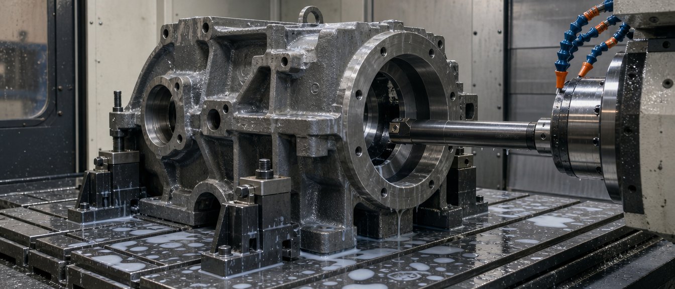 A gray iron housing casting fixtured on a CNC machining center with a boring bar in the bore