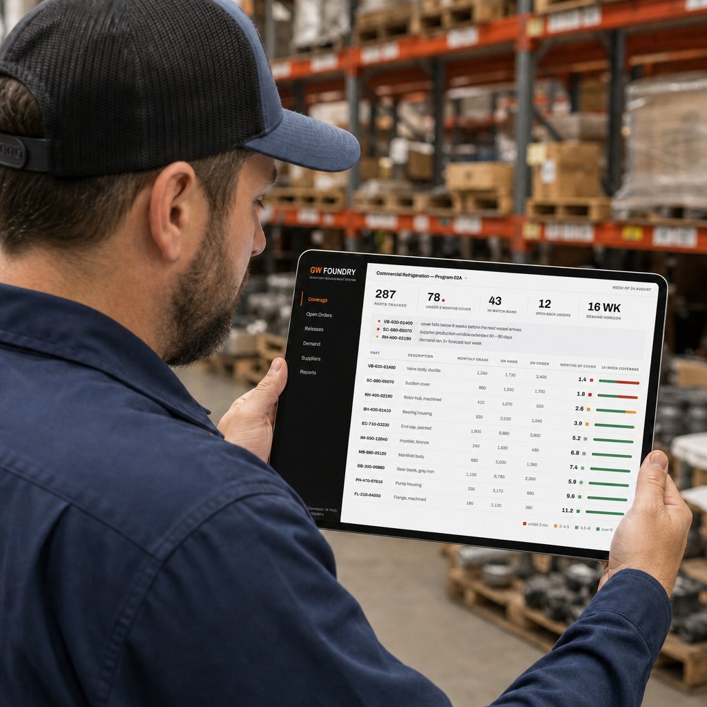 A warehouse worker in a GW cap reading the coverage screen on a tablet, racked pallets behind him