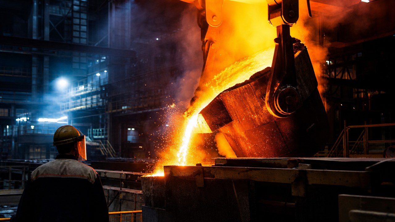 A foundryman watching molten iron pour from an overhead ladle into a mold