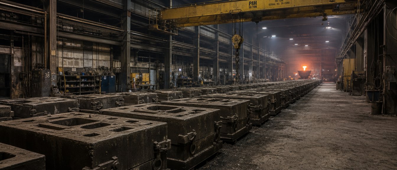 A long row of closed sand molds on a foundry floor under an overhead crane, a ladle glowing in the distance