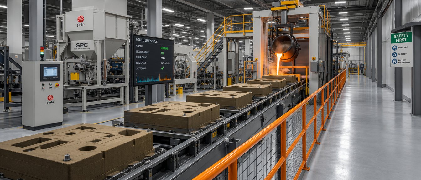 An automated foundry molding line: sand molds on a conveyor moving toward a pouring station