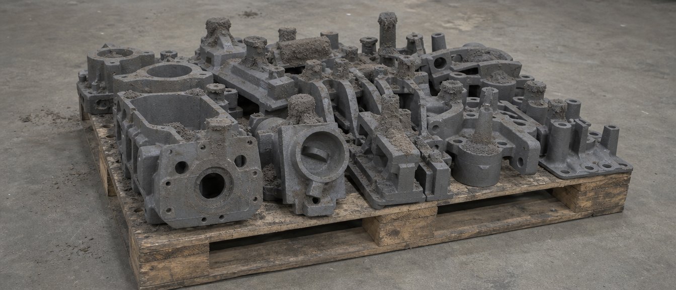 A pallet of raw gray iron castings fresh from shakeout, sand still on the surfaces and gates attached