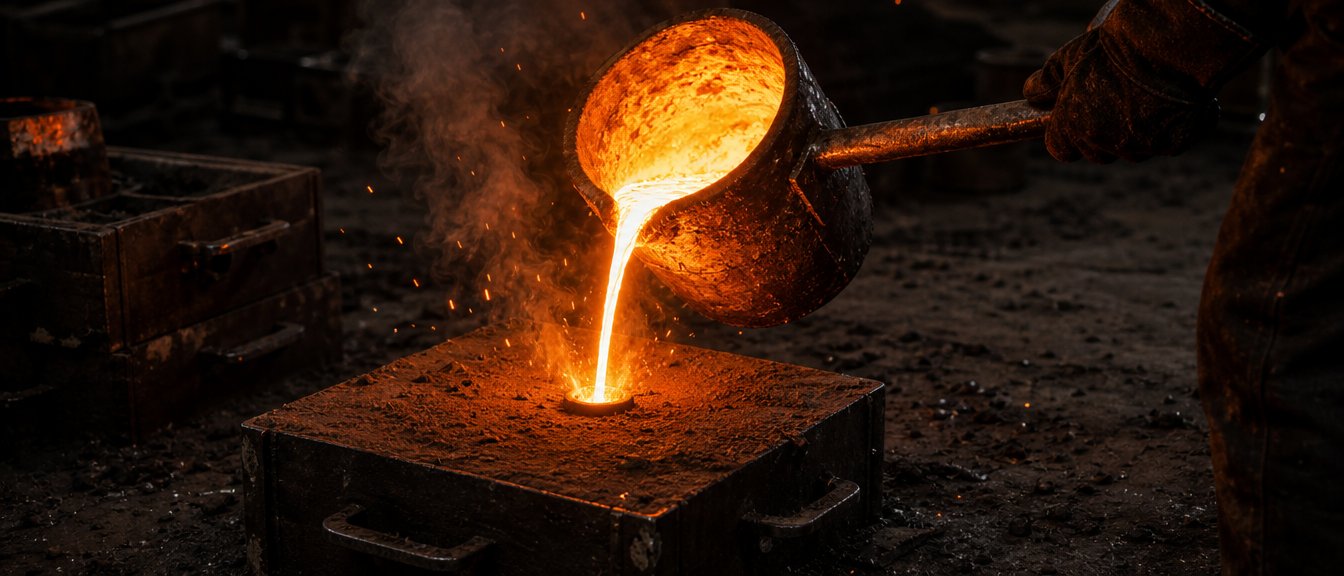 Molten iron poured from a hand ladle into the sprue of a packed sand mold on a foundry floor